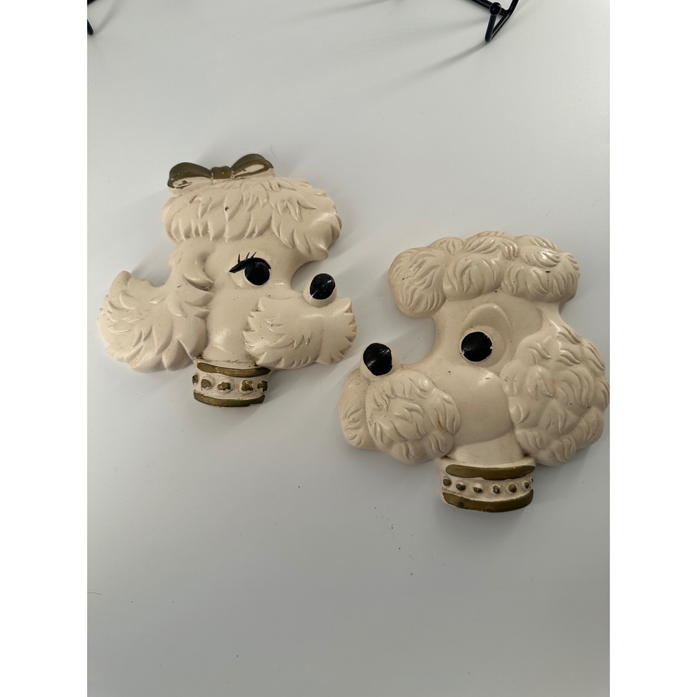 Vintage Ceramic Poodle Wall Plaques Pair Mid Century Modern Dog Decor Cream Gold